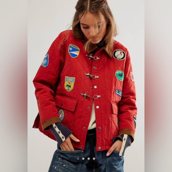 Found Jackets & Blazers - Quilted Red Patchwork Toggle Utility Jacket